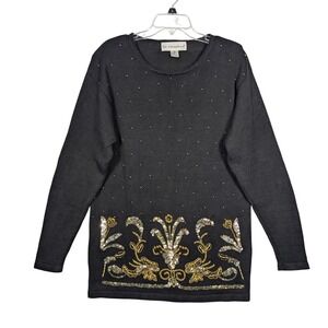 M Vintage Viki International Embellished Black Sweater Gold Sequin Bead‎ Tunic